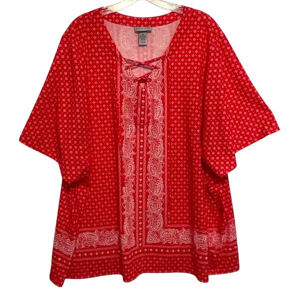 Catherines Bandana Print Laceup Top Womens Size 3X Red White Boho Paisley Tee - Picture 2 of 8